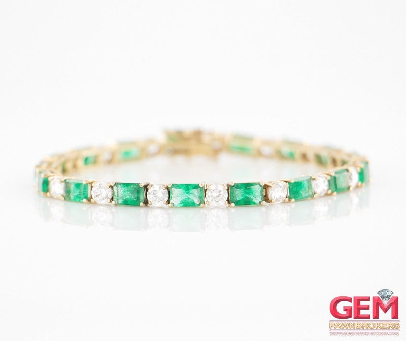 Cubic Zirconia & Emerald Cut Green Stone Tennis Bracelet 14k 585 Yellow Gold