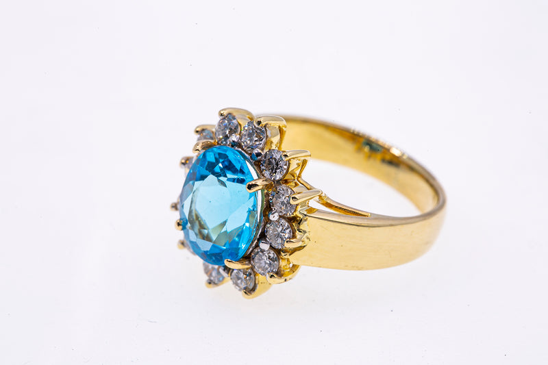 Blue Topaz Diamond Halo Cluster Band 18K 750 Yellow Gold Cocktail Ring Sz 6 1/2