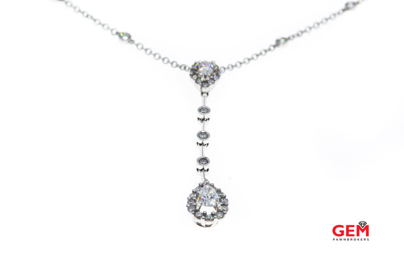 Natural Pear & Round Diamond Halo Accent Drop Charm 1.5mm Chain Link 14K 585 White Gold 19" Necklace & Pendant