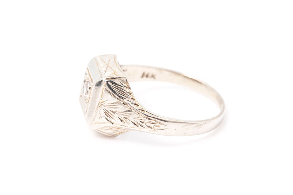 Diamond Solitaire Edwardian 14k 585 White Gold Pinky Midi Ring Size 2