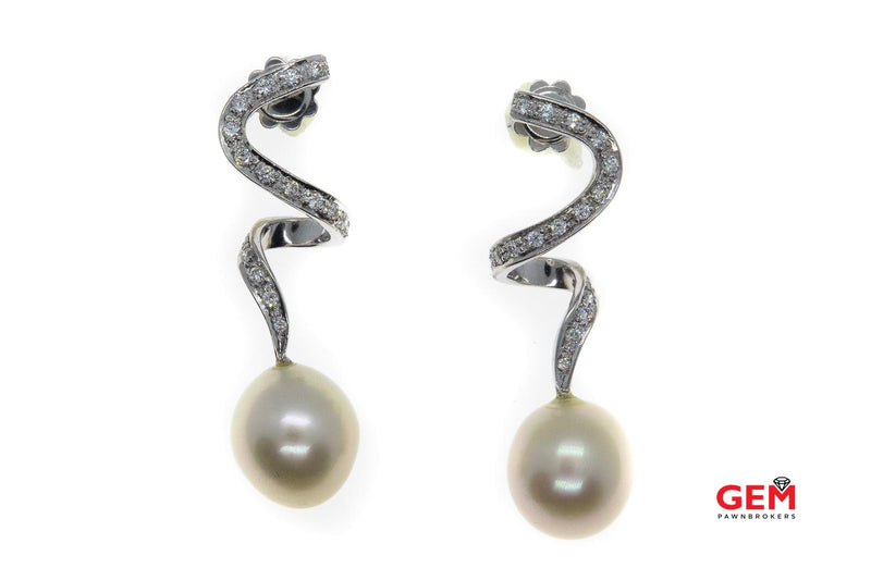 Natural Freshwater Pearl & Diamond Twisted Drop 18K 750 White Gold Dangle Earrings
