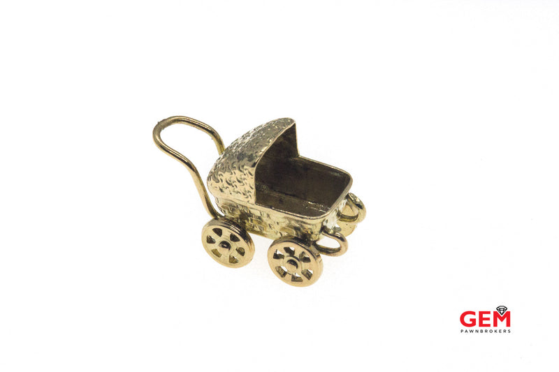 JMF Vintage Stroller Baby Carriage Pram Charm 14K 585 Yellow Gold Pendant