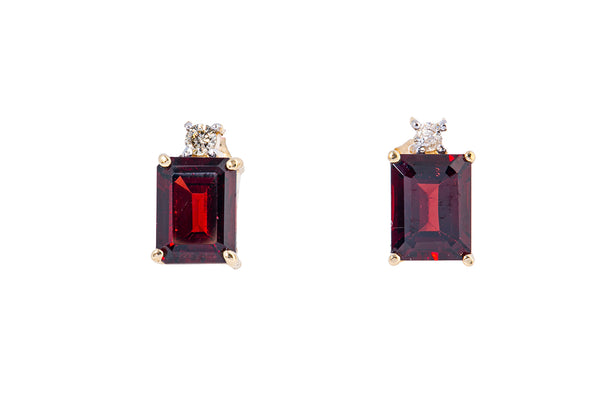 Natural Emerald Cut Red Garnet & Diamond Stud 14K 585 Yellow Gold Pair Earrings
