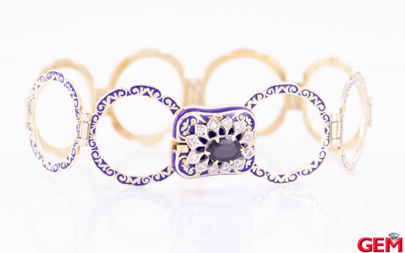 Antique Solid Yellow Gold 14k 585 Yellow Ring Turns Into Bracelet Enamel Sapphire Diamond