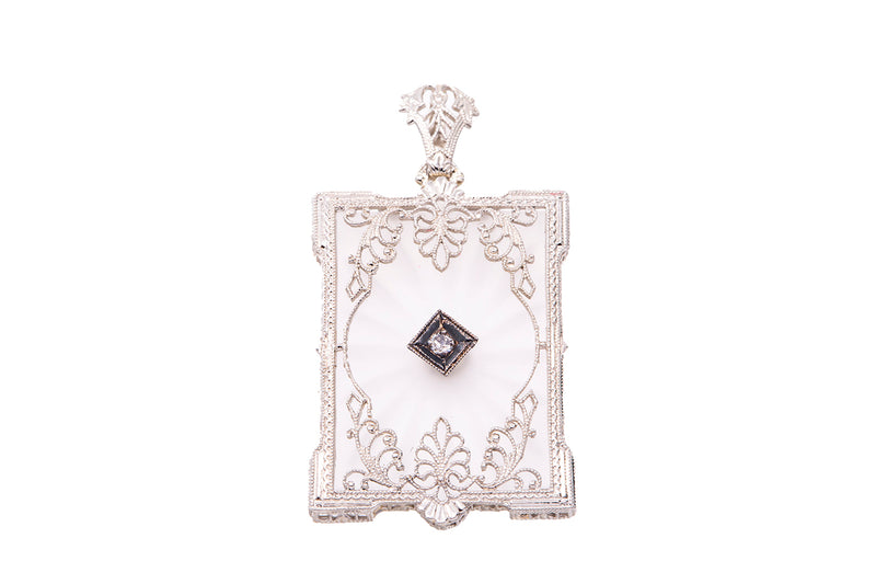 Antique Frosted Rock Crystal Diamond Filigree 14k 585 White gold Charm Pendant