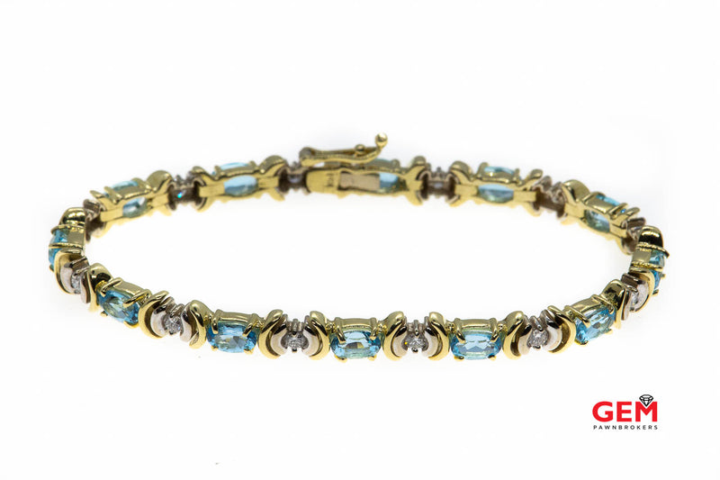 Diamond & Oval Aquamarine Gemstone 14K 585 Two Tone White & Yellow Tennis Bracelet