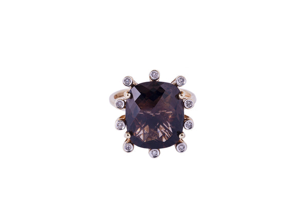 JS Natural Smoky Quartz & Diamond Accent 14K 585 Yellow Gold Ring Size 6