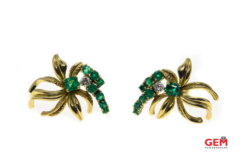 Emerald & Diamond Floral Motif Cluster Stud 18K 750 Yellow Gold Earrings