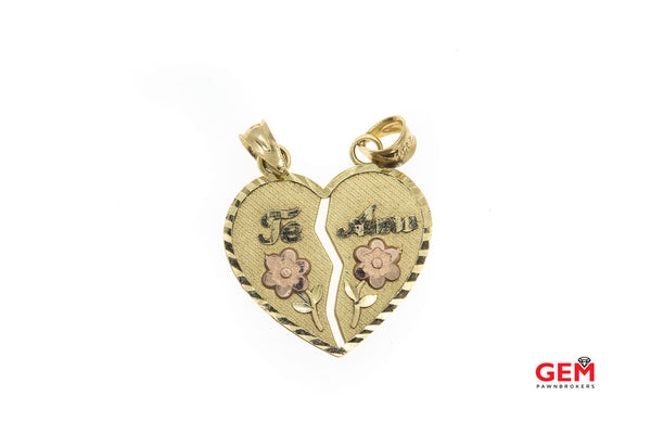 Te Amo Saying Love Heart 2 Piece 14k 585 Yellow Split Gold Charm Pendants