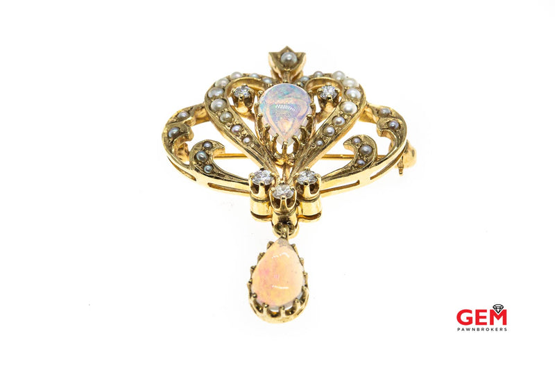 14 KT Yellow Gold Opal Diamond Seed Pearl Pin Brooch