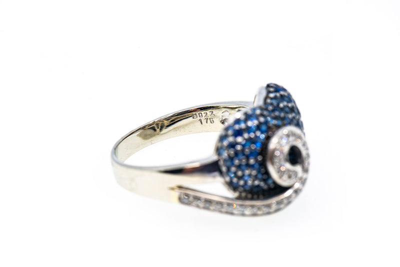 Natural Pave Sapphire Heart & Diamond Swirl 18K 750 White Gold Ring Size 9