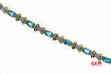 Diamond & Oval Aquamarine Gemstone 14K 585 Two Tone White & Yellow Tennis Bracelet