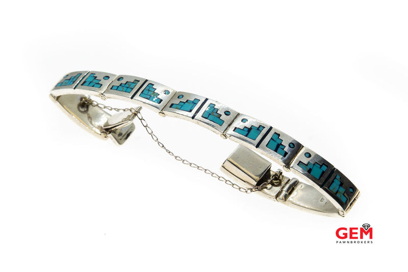 Vintage Taxco Tono Link Turquoise Inlay Solid 925 Sterling Silver Bracelet