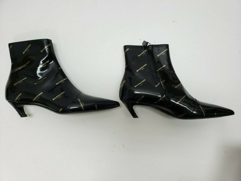 Balenciaga Black Patent Logo Print Curved Heel Bootie | Size 5.5 US, 36 EUR