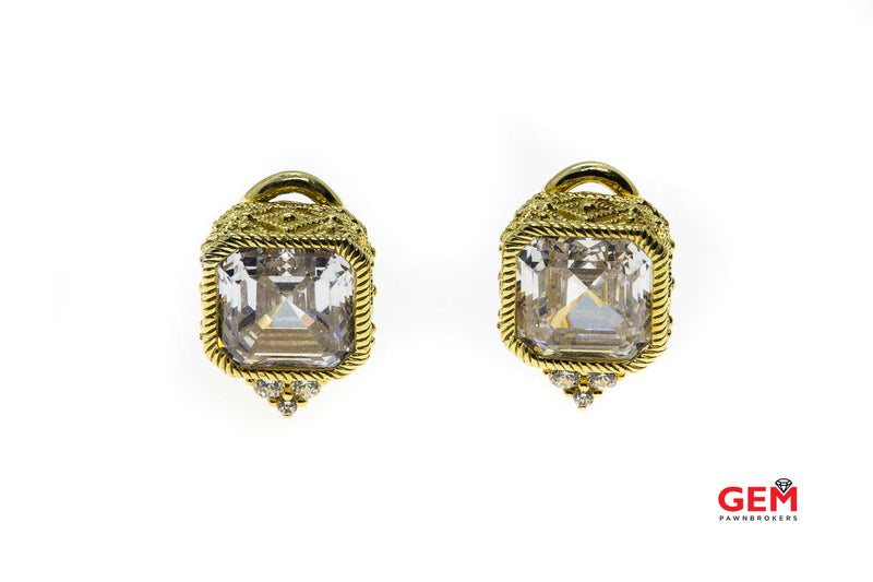 Judith Ripka Pierced Emerald Cubic Zirconia 925 Sterling Silver Gold Tone Clip On Earrings