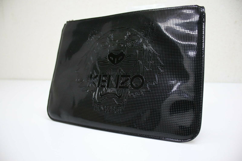 KENZO Tiger A4 Black Zippered Clutch with Embossed Tiger