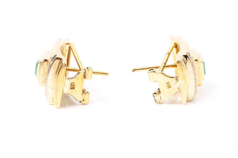 Emerald Gemstone Huggie 18k 750 Yellow Gold Diamond Accent Earrings
