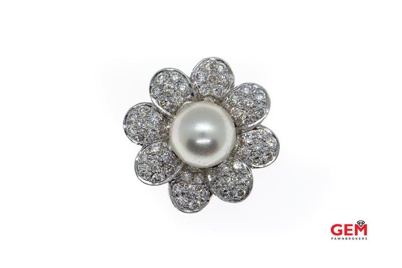 Diamond Petals & Pearl Floral Flower 18k 750 White Gold Charm Pendant