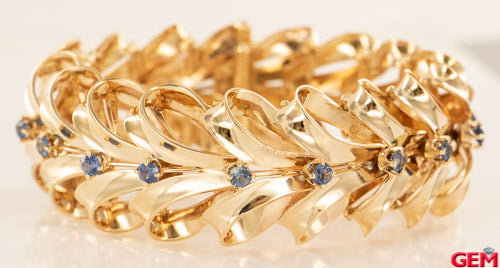 Vintage Bow Ribbon 18k 750 Yellow Gold Blue Sapphire Bracelet Art Deco Design 7.5"