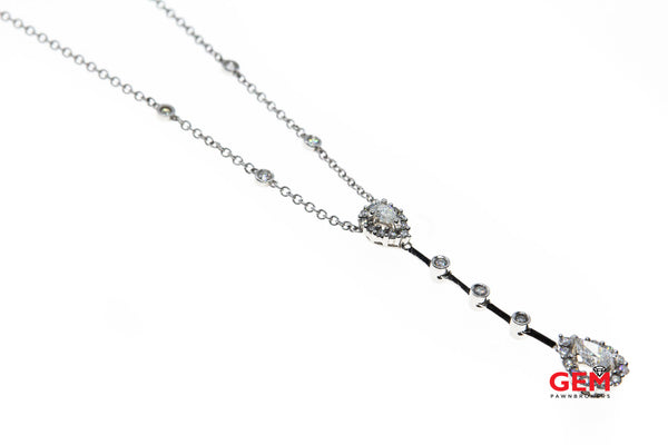 Natural Pear & Round Diamond Halo Accent Drop Charm 1.5mm Chain Link 14K 585 White Gold 19" Necklace & Pendant