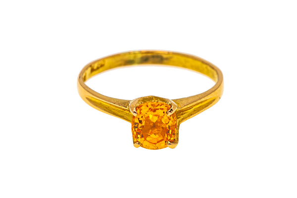 Natural Orange Sapphire Cushion Solitaire 22K 916 Yellow Gold Ring Size 7 3/4