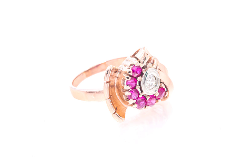 Vintage Retro Diamond Pink Sapphire 14k 585 Rose Gold Cocktail Ring Size 4.5