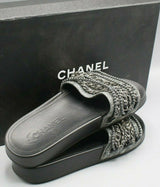 Chanel Women's Tweed Pearl and Chain Black Mules Size 37 / 6.5