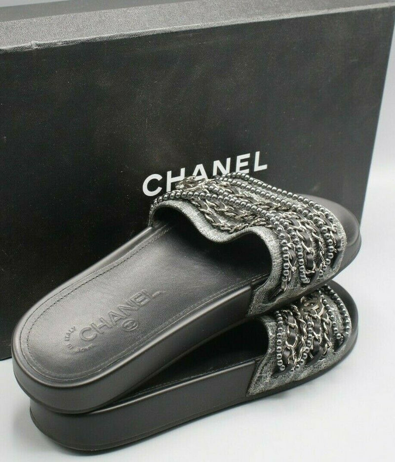 Chanel Women's Tweed Pearl and Chain Black Mules Size 37 / 6.5 – GEM  Pawnbrokers