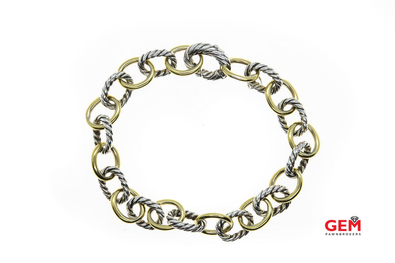 Designer Oval Link 9.5mm Cable Solid 18K 750 Yellow Gold & 925 Sterling Silver 8" Bracelet