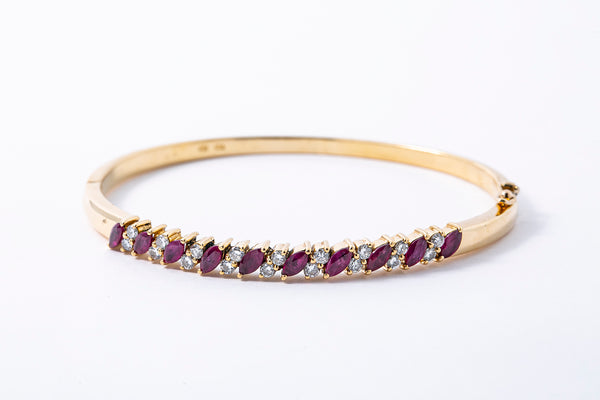 Natural Marquise Ruby & Diamond 18K 750 Yellow Gold Lock Bangle Bracelet