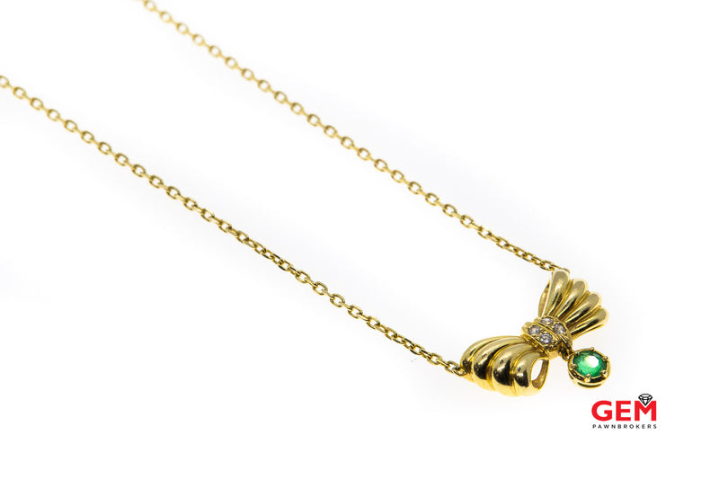 Natural Emerald & Diamond Bow Pendant 18K 750 Yellow Gold 18.25" Necklace