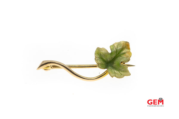 Art Nouveau Polychrome Leaf Green Enamel Nature Branch Brooch 14K 585 Yellow Gold Lapel Pin