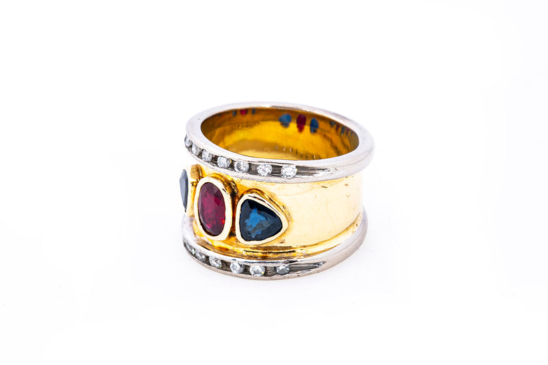 Natural Ruby Sapphire & Diamond Band 18K 750 Yellow & White Gold Ring Size 6 1/4
