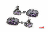 NK Natural Amethyst & Diamond Halo Milgrain Accent Drop 14K 585 White Gold Dangle Earrings