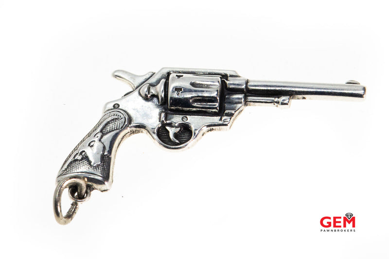 Cowboy Six Shooter Revolver Pistol Charm 925 White Hand Gun Pendant