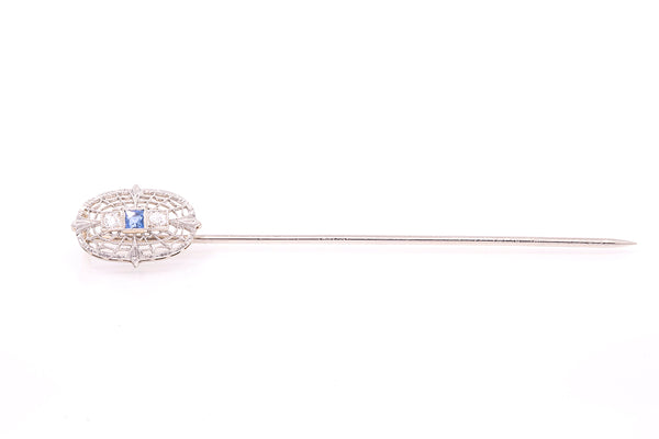 Antique Diamond & Sapphire Filigree Lapel Stickpin 14k 585 White Gold