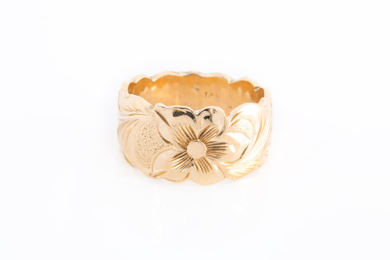 Daisy Floral Motif Tapered Band 14k 585 Yellow Gold Ring Size 7