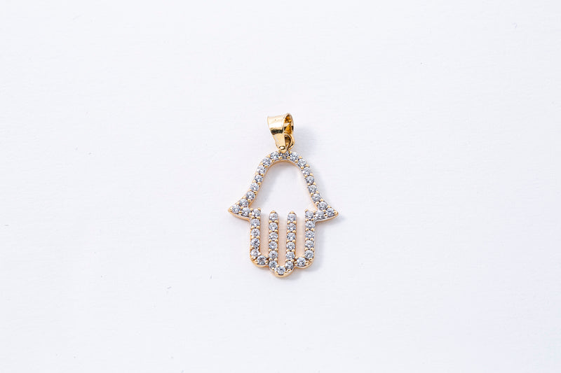 Cubic Zirconia Pave Line Silhouette Hamsa Hand Charm 14K 585 Yellow Gold Pendant