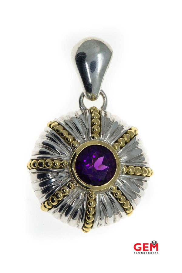 Amethyst Shield Medallion Carved & Beaded Accent Drop Charm 925 Sterling 18K 750 Yellow Gold Pendant