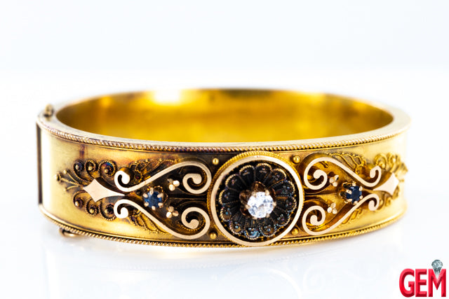 Antique Victorian Cubic Zirconia Sapphire Bracelet 10K 417 Solid Gold Cuff