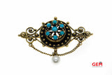 14 KT Yellow Gold Turquoise Pearl Lapel Pin Brooch