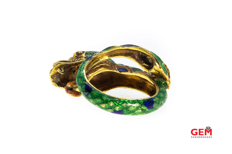 Blue & Green Enamel Snake Enamel Wrap Band 18K 750 Yellow Gold Ring Size 5