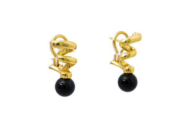 Corkscrew Twisted Swirling 18k 750 Yellow Gold Black Onyx Drop Ball Earrings