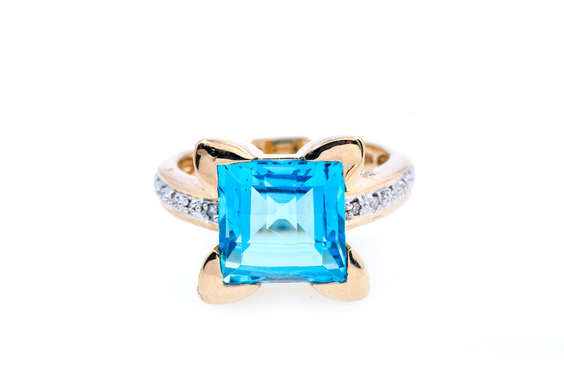John C Rinker Natural Blue Topaz & Diamond 14K 585 Yellow Gold Ring Size 7
