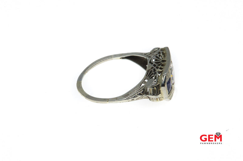 Art Deco Pierced Filigree Diamond Sapphire Three 14K White Gold Ring Size 7