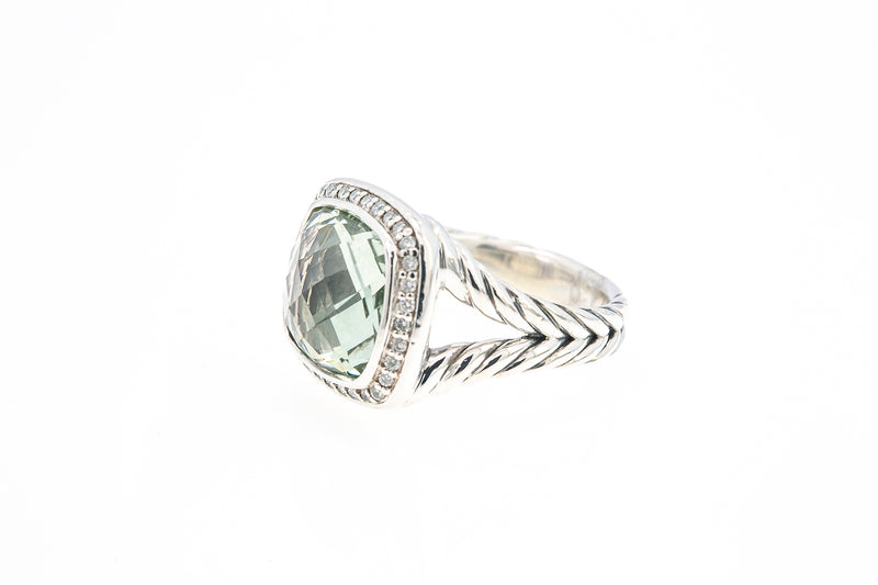 David Yurman 11mm Albion Sterling Silver 925 Prasiolite & Diamond Ring Size 6
