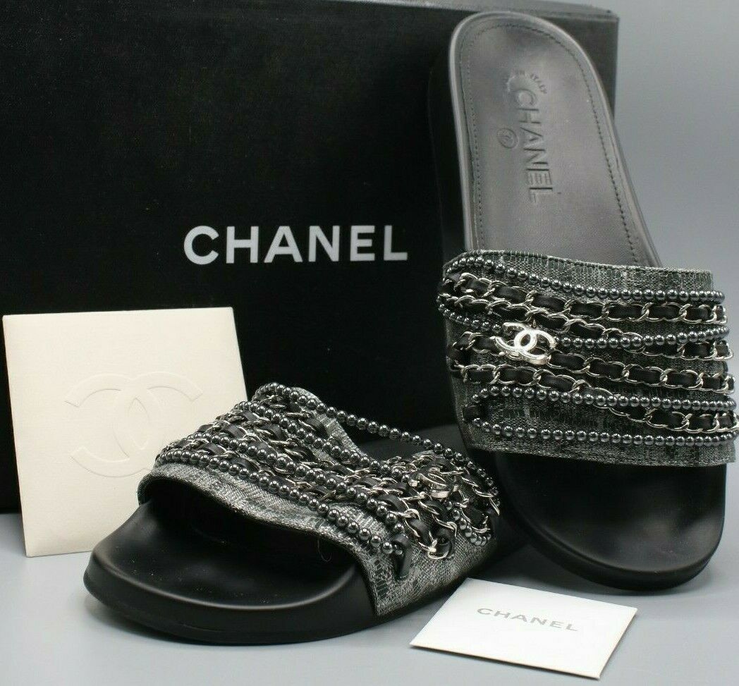 CHANEL, Shoes, Black Chanel Sequin Mule Sandals Size 37