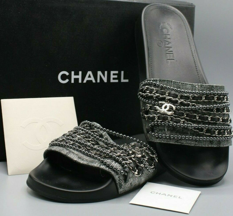 Chanel Women's Tweed Pearl and Chain Black Mules Size 37 / 6.5