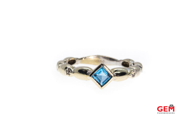 Natural Princess Cut Blue Topaz & Diamond Accent Beaded Station Band 14K 585 White Gold Ring Size 7 3/4