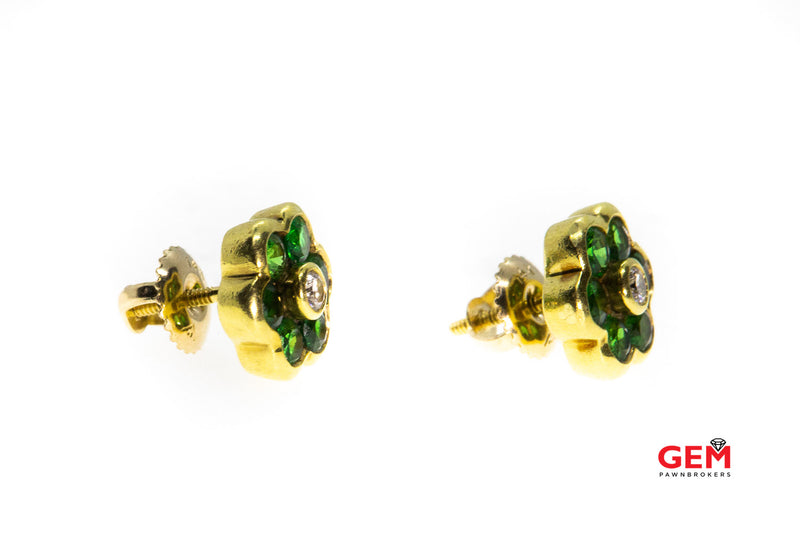 Natural Green Garnet & Diamond Cluster Flower Studs 18K 750 Yellow Gold Earrings